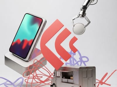 A 3D digital composition depicting a smartphone on a stand, three red concentric angular shapes, a miniature food truck, and a robotic claw holding a coin against a white backdrop with squiggly lines.