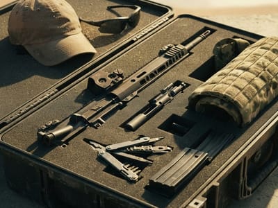 An open black tactical case containing disassembled rifle components, a magazine, a multitool, and a camouflage pouch, with a baseball cap and sunglasses set on the lid.