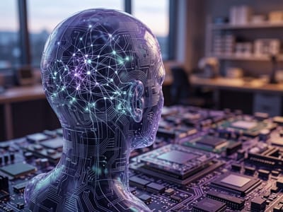Translucent human head with glowing circuit patterns above a desk covered in computer circuit boards