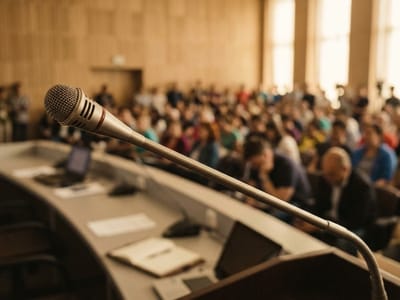 Microphone on a lectern facing a blurred audience in a wood-panelled auditorium