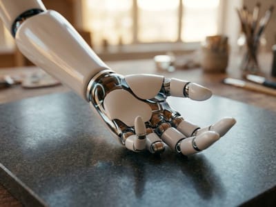 White robotic hand resting palm up on a dark tabletop in a workshop