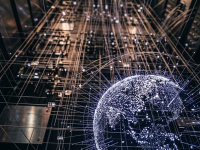 Glowing globe of dotted lights surrounded by criss-crossing light trails over dark circuitry