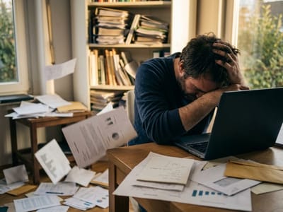 Man holding his head at a desk with a laptop, surrounded by piles of scattered papers