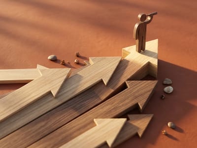 Wooden figurine looking through a telescope atop converging wooden arrows on a rust-colored surface