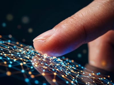 Fingertip touching a glowing web of connected orange and blue nodes on a dark surface