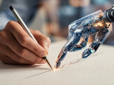 Human hand writing with a silver pen while a translucent robotic hand reaches toward the paper