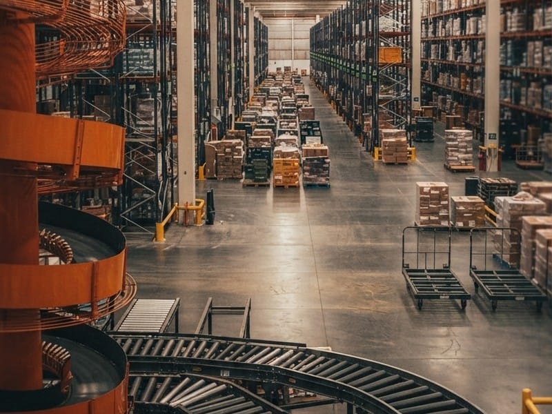 An interior view of a large warehouse showing high storage racks filled with goods, a spiral roller conveyor system in the foreground, and transport carts on the floor.