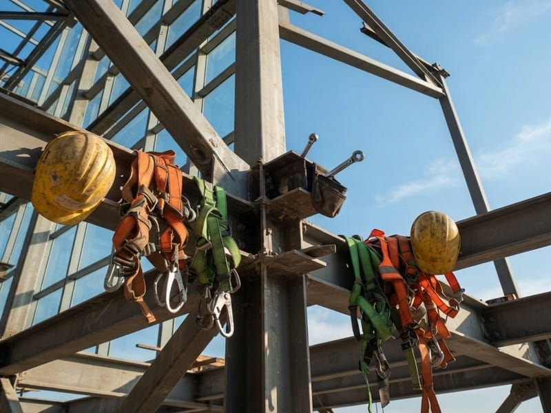Safety harnesses, yellow hard hats, and tools hanging from steel construction beams with a glass building facade in the background.