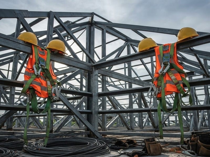 Yellow hard hats, reflective safety vests with safety harnesses, coiled cables, and tool pouches resting on a steel roof truss structure against an overcast sky.