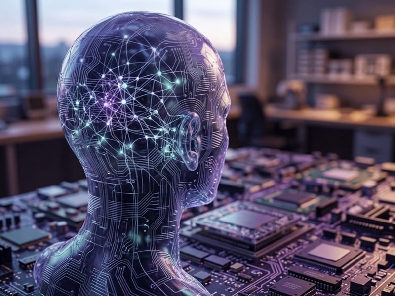 Translucent human head with glowing circuit patterns above a desk covered in computer circuit boards