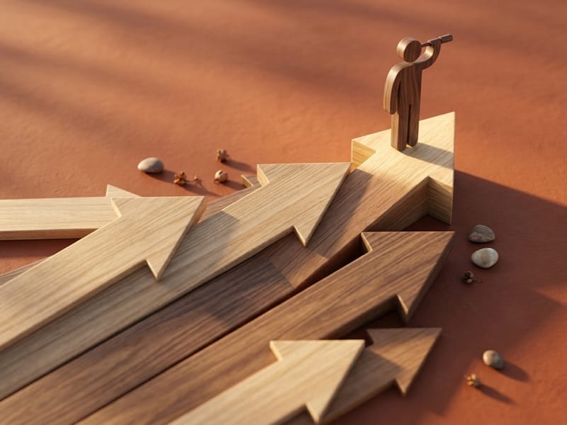 Wooden figurine looking through a telescope atop converging wooden arrows on a rust-colored surface